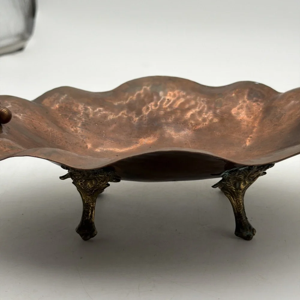 Rare Vintage MCM Copper Brass GRAPES Footed Brass Feet Console Bowl 11 3/4